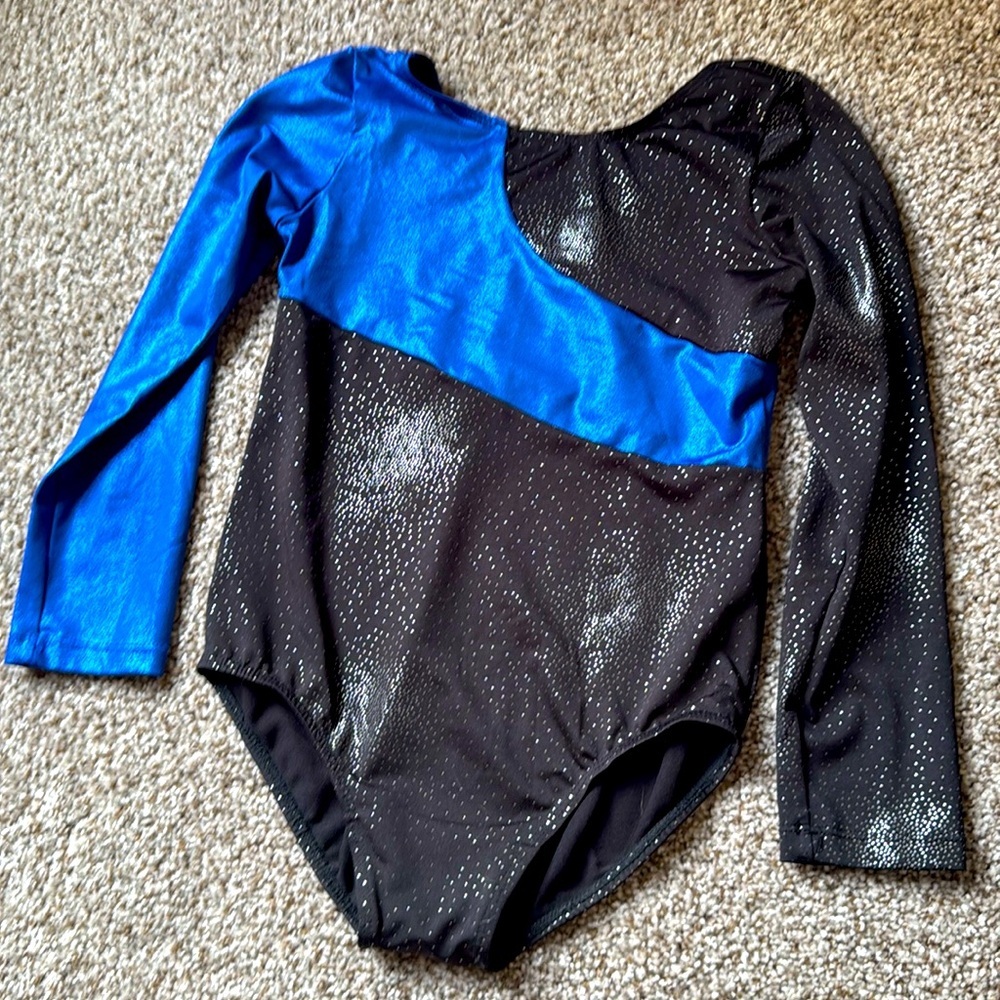 Long sleeve blue and black gymnastics leotard